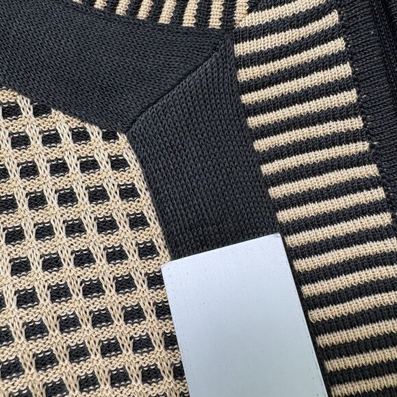 Exclusively Misook Cardigan Women Size M Black Tan Geometric Colorblock Hook Eye - Picture 11 of 11